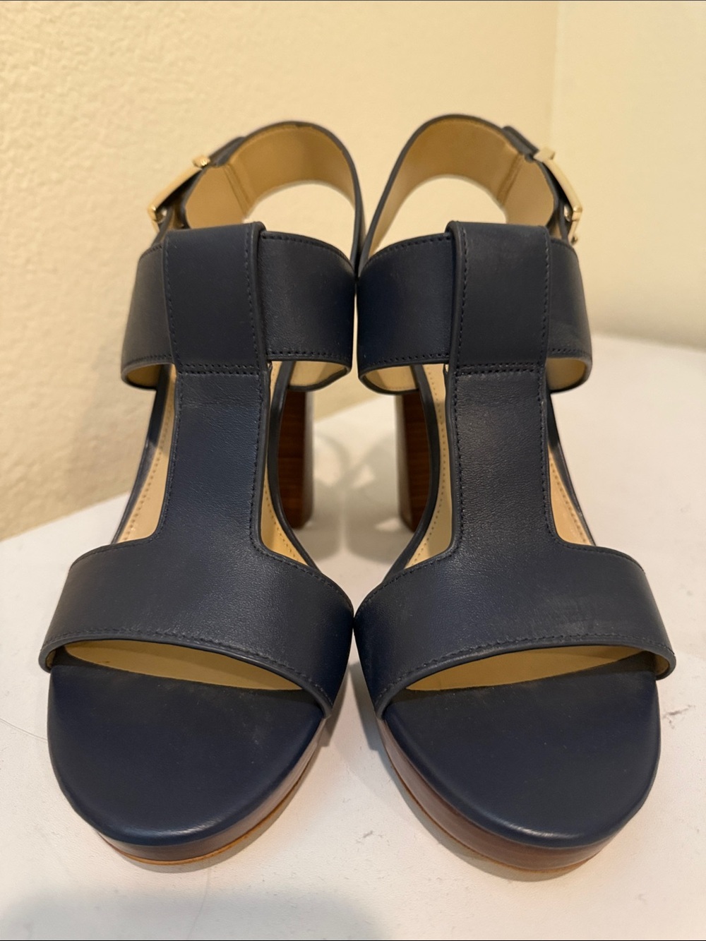 Women’s Navy Leather T-Strap Block Heel Sandals